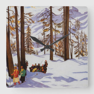St. Moritz Vintage Skiers Alpine Elegance Kunst Vierkante Klok