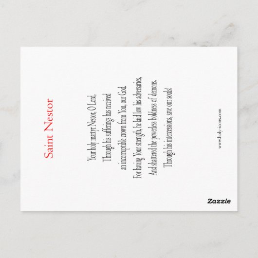 St Nestor of Thessolonica Prayer Card Briefkaart (Achterkant)