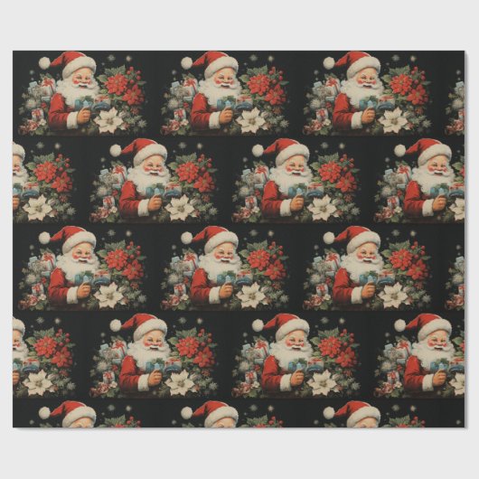 St Nicholas Christmas Poinsettia Bloemen Zwart Cadeaupapier (Vlak)