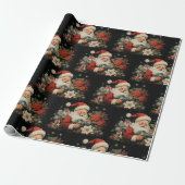 St Nicholas Christmas Poinsettia Bloemen Zwart Cadeaupapier (Uitgerold)