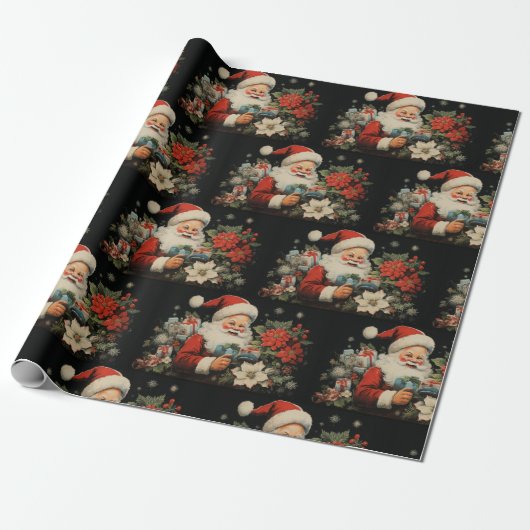 St Nicholas Christmas Poinsettia Bloemen Zwart Cadeaupapier (Uitgerold)