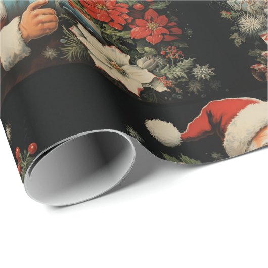 St Nicholas Christmas Poinsettia Bloemen Zwart Cadeaupapier (Rol Hoek)