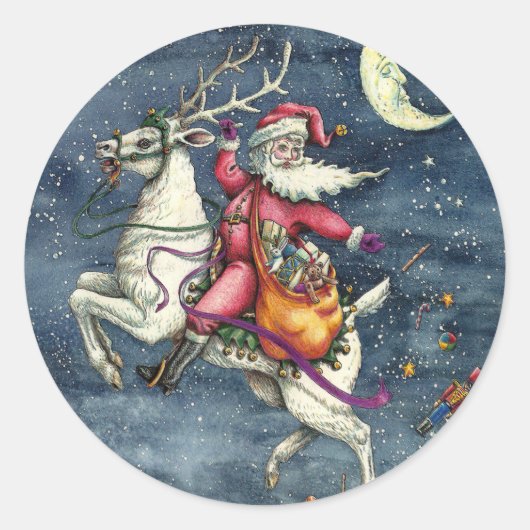 ST. NICK, FLYWITTE REINDEER, CHRISTMAS MAGIC RONDE STICKER (Voorkant)