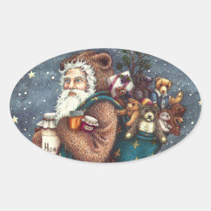 ST. NICK IN TEDDY BEAR SUIT, CHRISTMAS TEDDIES OVALE STICKER