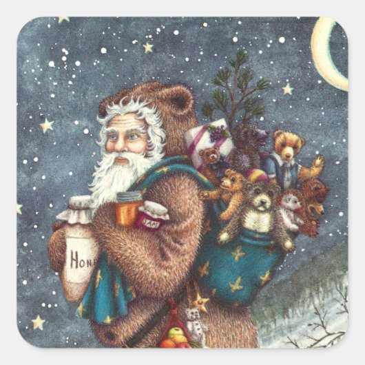 ST. NICK IN TEDDY BEAR SUIT, CHRISTMAS TEDDIES VIERKANTE STICKER (Voorkant)