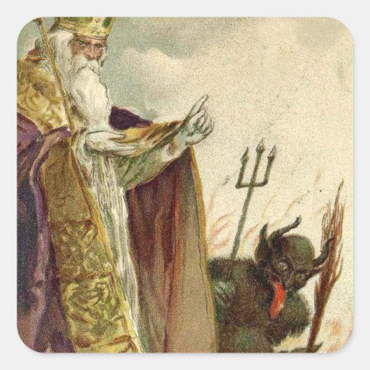 St Nicolaas Krampus Hooivork Priester Vierkante Sticker (Voorkant)