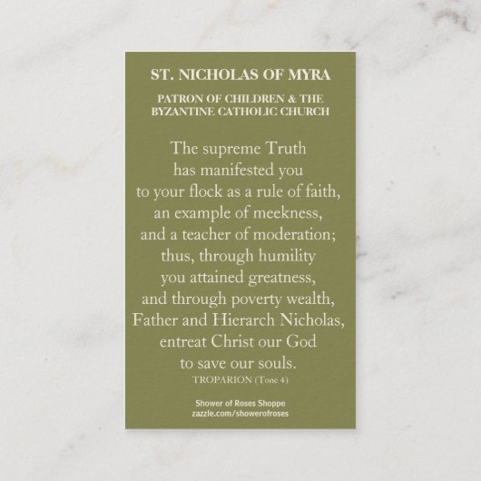 ST. NICOLAAS VAN MYRA BIDT HEILIGE KAARTEN VISITEKAARTJE (Achterkant)