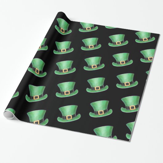 St. Paddy's Day Green Top Hat Pattern op Black Cadeaupapier (Uitgerold)