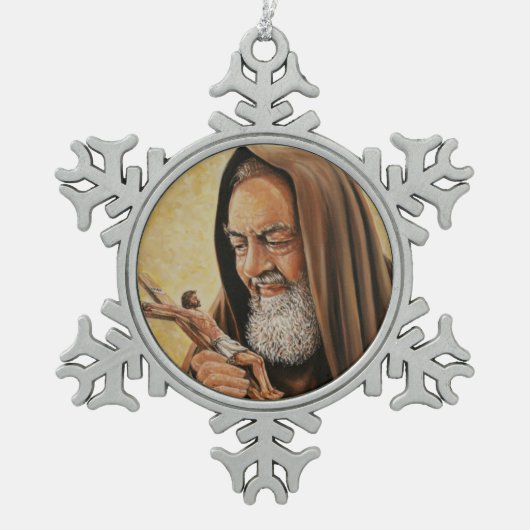 St. Padre Pio met Crucifix Tin Sneeuwvlok Ornament (Voorkant)