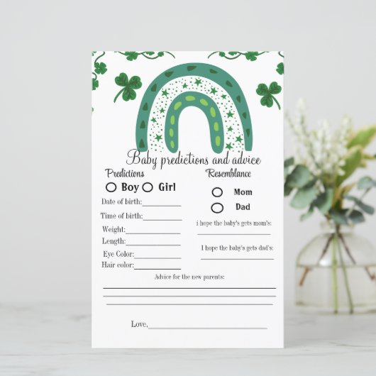 St Patrick baby shower prediction game baby showe (Staand voorkant)