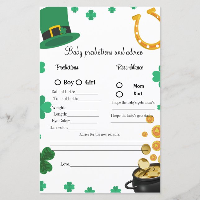 St Patrick baby shower prediction game baby showe (Voorkant)