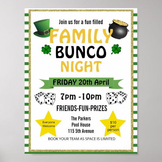 st Patrick bunco night, bunco party PTA event PTO Poster (Voorkant)