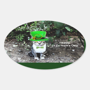 ST PATRICK DAG CAT MET LEPRECHAUN PET OVALE STICKER