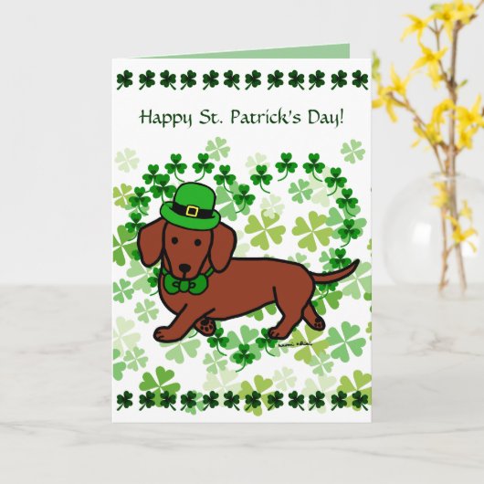 St. Patrick Day Dachshund Cartoon Kaart (Gele Bloem)