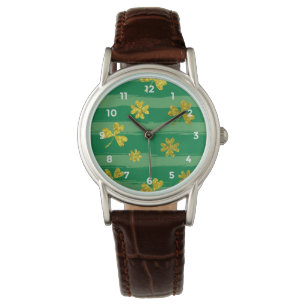 St Patrick Golden shamrock green stripes Horloge