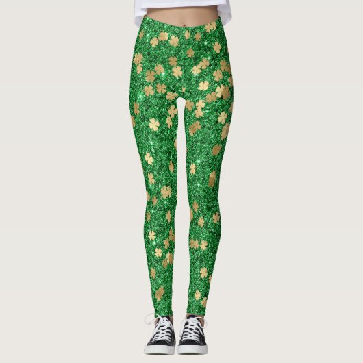St Patrick Green Gold Clover Shamrock Confetti Fun Leggings (Voorkant)