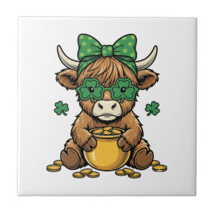 St Patrick Highland Koe Pot van Goud Vintage Kunst Tegeltje