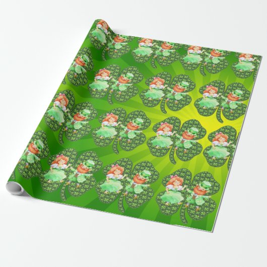 St. Patrick Leprechauns Shamrocks Wrapping Paper Cadeaupapier (Uitgerold)