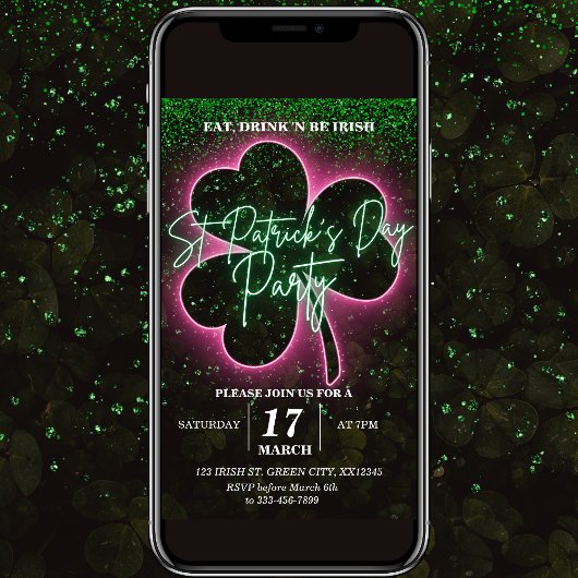 St Patrick Neon Green en Pink Flyer uitnodiging