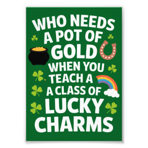St. Patrick Onderwijzer Lucky Charm Clover Iers  Foto Afdruk