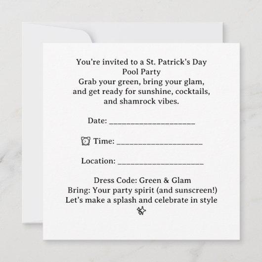 St. Patrick’s Day Glam Cat Pool Party  Kaart (Achterkant)