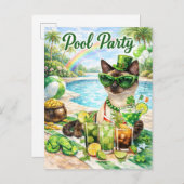 St. Patrick’s Day Glam Cat Pool Party  Uitnodiging Briefkaart (Voorkant / Achterkant)