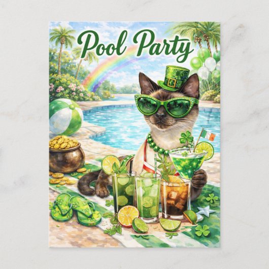 St. Patrick’s Day Glam Cat Pool Party  Uitnodiging Briefkaart (Voorkant)