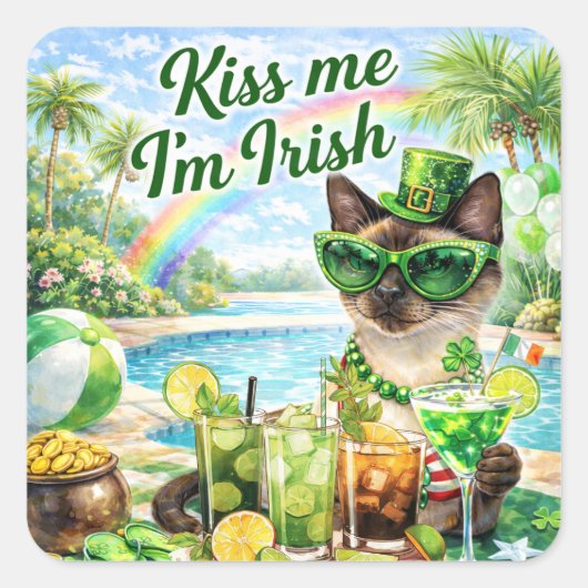 St. Patrick’s Day Glam Cat Pool Party  Vierkante Sticker (Voorkant)
