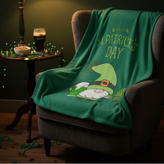 St. Patrick’s Day Green Fleece Blanket with Gnome 