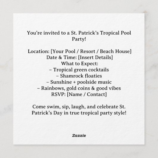 St. Patrick’s Tropical Pool Party Invitation Kaart (Achterkant)