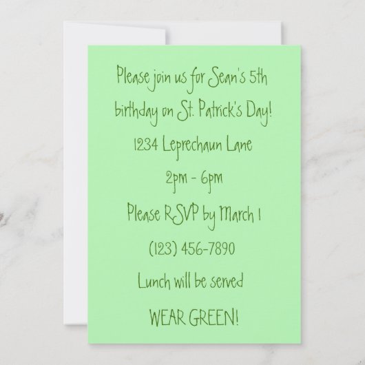 St. Patrick's Birthday Party nodigt  uit Kaart (Achterkant)