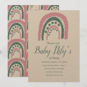 St. Patricks Birthday Rainbow Hand Drawn Pink Invi Kaart