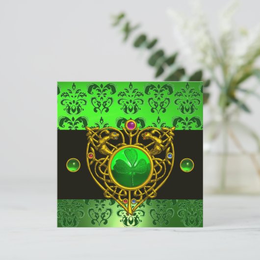 ST. PATRICK'S CELTIC HEART Green Damask Monogram Kaart (Staand voorkant)
