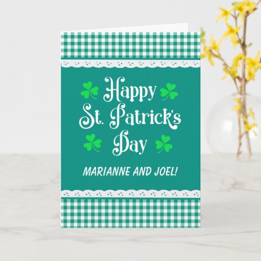 St Patrick's Custom Name Shamrocks Groene cheques Kaart (Gele Bloem)