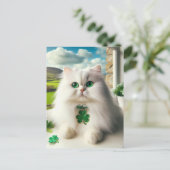 St. Patricks Dag Kat Fluffy Witte Kat Groene Ogen Briefkaart (Staand voorkant)