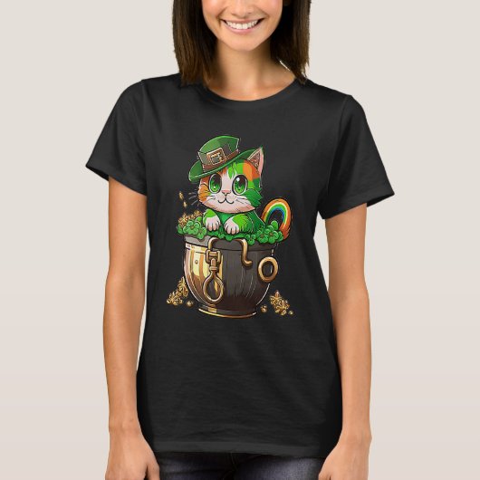 St Patricks Dag Kat Leprechaun Hoed Pot met Goud S T-shirt (Voorkant)