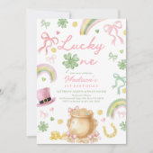 St Patrick's Day 1st Birthday Invitation Pink Bow Kaart (Voorkant)