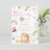 St Patrick's Day 1st Birthday Invitation Pink Bow Kaart (Staand voorkant)