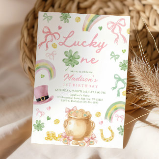 St Patrick's Day 1st Birthday Invitation Pink Bow Kaart