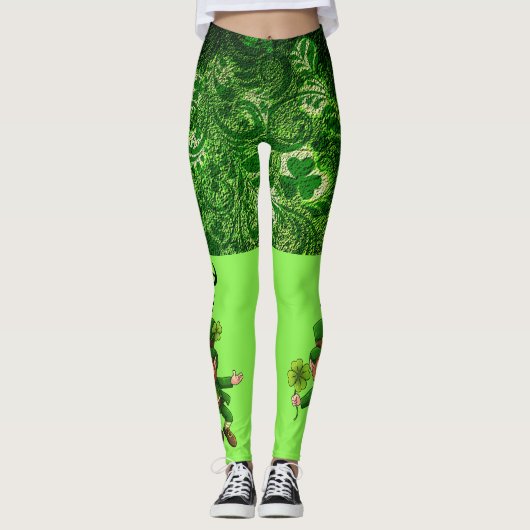 St Patrick's Day 2 Tone Green Fun Leprechaun Leggings (Voorkant)
