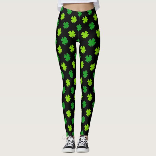 St. Patrick's Day 4 Leaf Clover Green Black Cute Leggings (Voorkant)