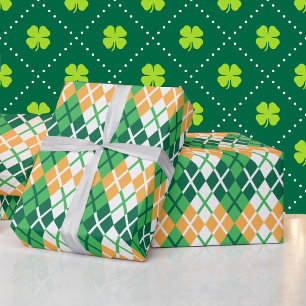 St Patrick's Day Argyle Plaid Groen Wit Sinaasappe Cadeaupapier