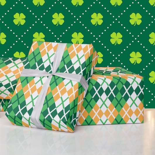 St Patrick's Day Argyle Plaid Groen Wit Sinaasappe Cadeaupapier