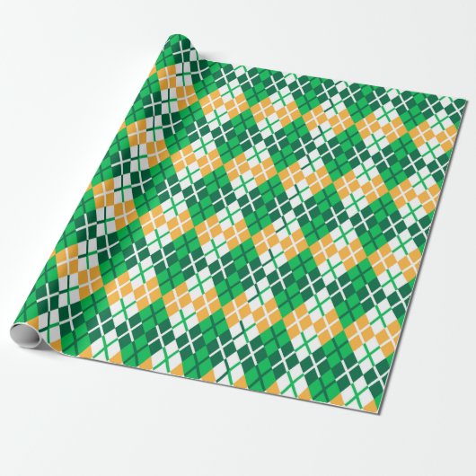 St Patrick's Day Argyle Plaid Groen Wit Sinaasappe Cadeaupapier (Uitgerold)