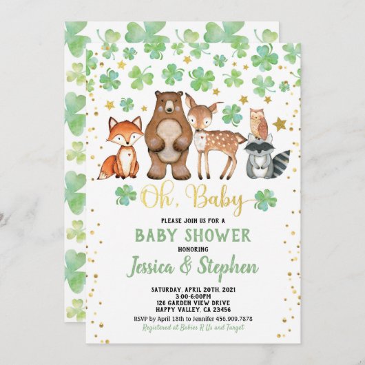 St Patrick's Day Baby shower Shamrock Animals Kaart (Voorkant / Achterkant)