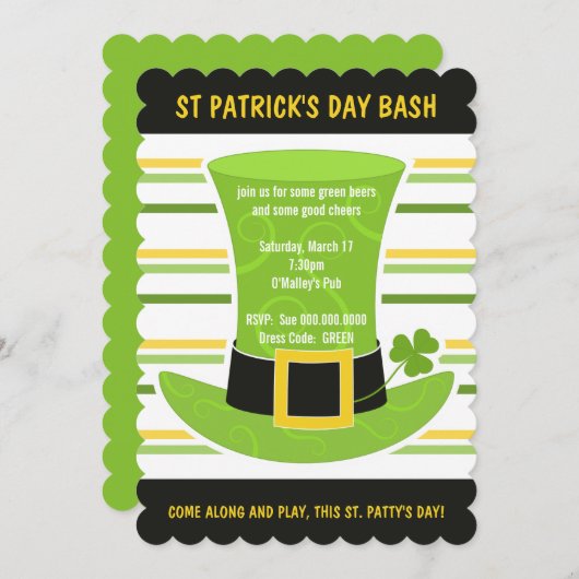 St Patrick's Day Bash Groene Top Hoed Stripes Invi Kaart (Voorkant / Achterkant)