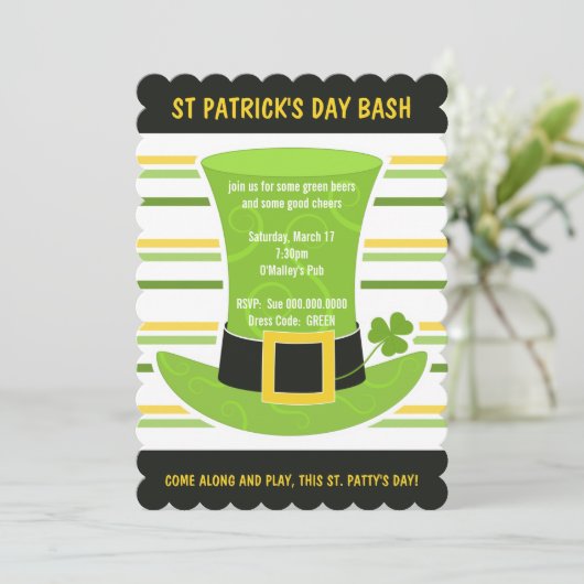 St Patrick's Day Bash Groene Top Hoed Stripes Invi Kaart (Staand voorkant)