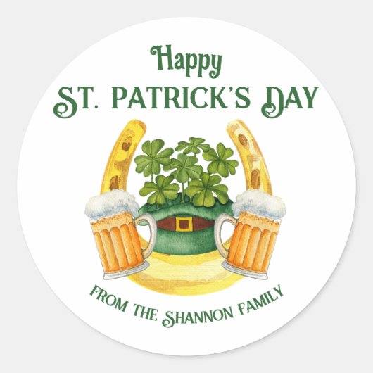 St. Patrick's Day Beer Mokken en Lucky Hoefijzer Ronde Sticker (Voorkant)