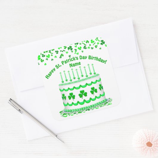 St Patrick's Day Birthday Cake Custom Candles Vierkante Sticker (Envelop)