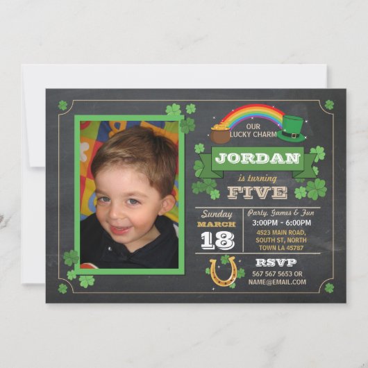 St. Patricks Day Birthday Party Photo Invite 3 4 5 Kaart (Voorkant)
